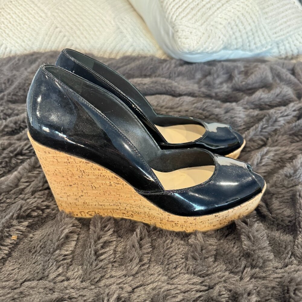 Via Spiga Patent Leather Cork Wedge Heels Size 7 | Black Platform Pumps NWOB